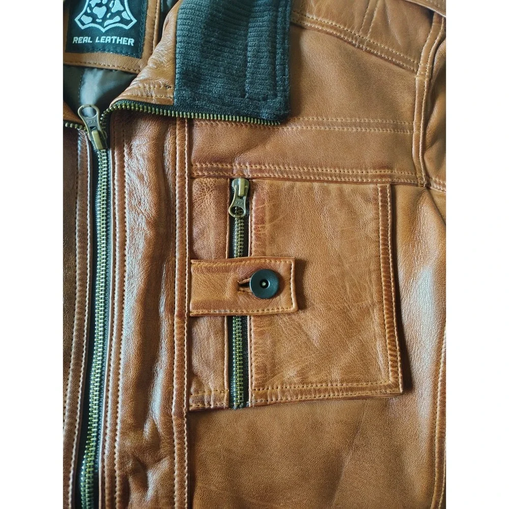 Men's Cognac Brown Real Leather Moto Biker Bomber Jacket Ribbed Collar Size L